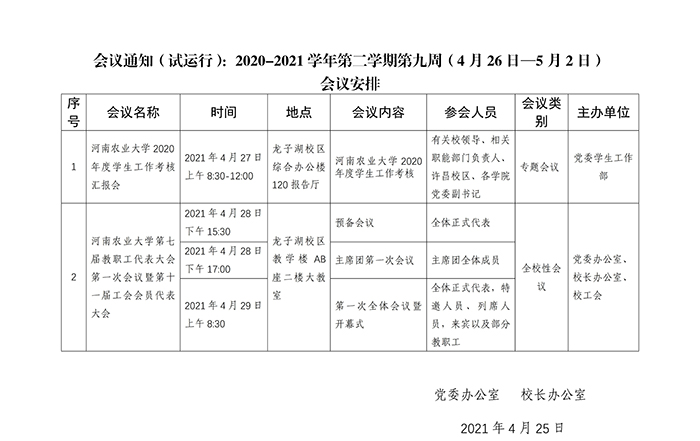 2020-2021学年第二学期第九周（4月26日-5月2日）会议通知