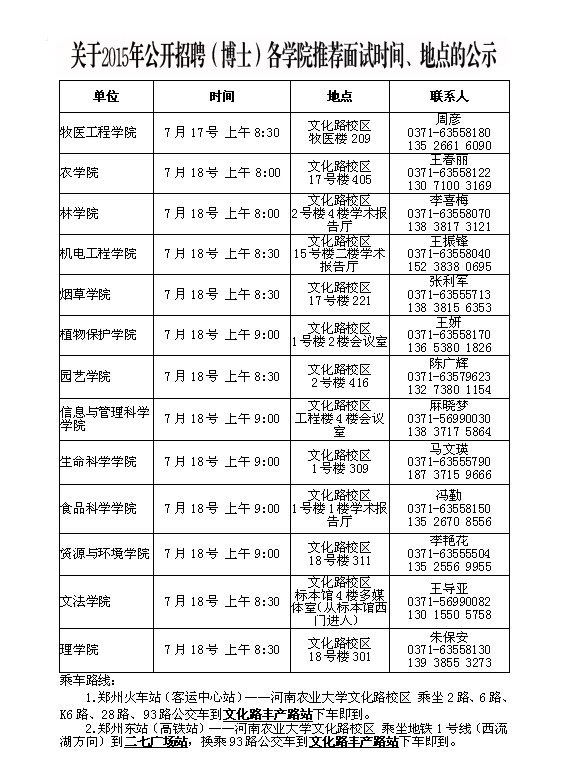 关于2015年公开招聘（博士）各学院推荐面试时间、地点的公示