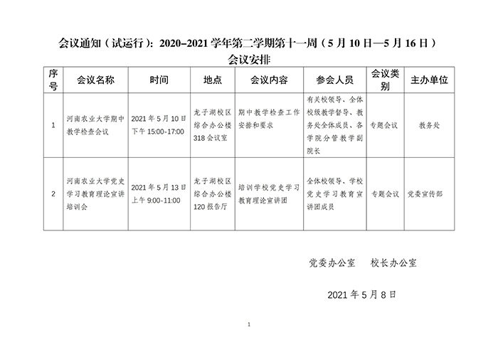 会议通知（试运行）：2020-2021学年第二学期第十一周（5月10日—5月16日）