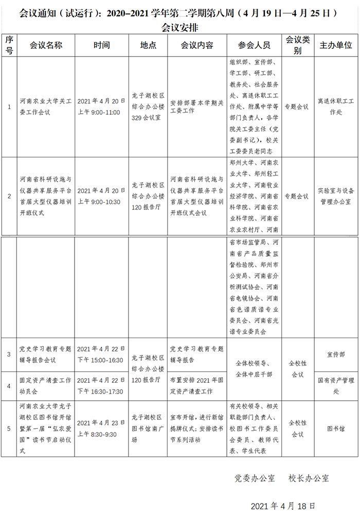 会议通知（试运行）：2020-2021学年第二学期第八周（4月19日—4月25日） 会议安排