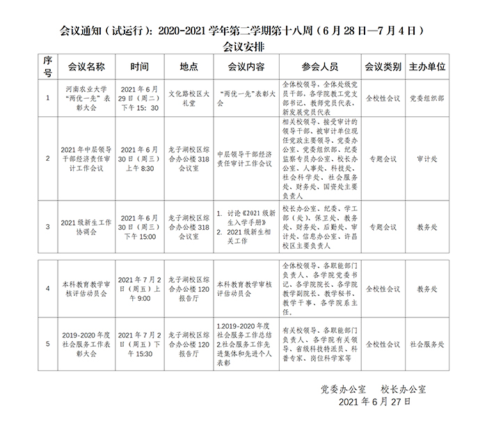 会议通知（试运行）：2020-2021学年第二学期第十八周（6月28日—7月4日）700