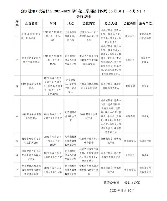 会议通知（试运行）：2020-2021学年第二学期第十四周（5月31日—6月6日）700