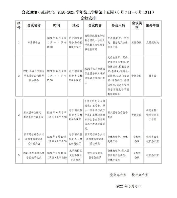 会议通知（试运行）：2020-2021学年第二学期第十四周（6月7日—6月13日）